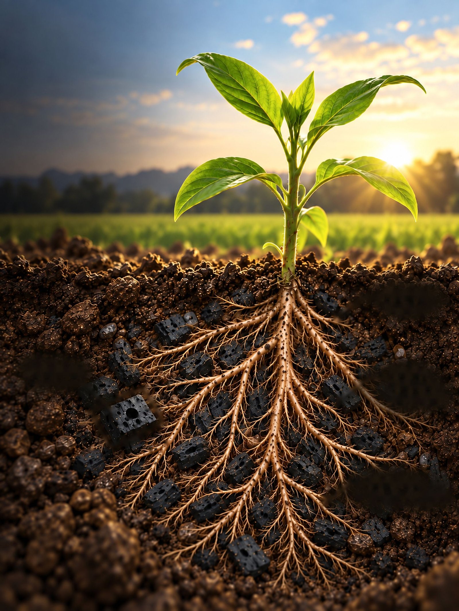 A young plant above the soil and its roots threaded through biochar below